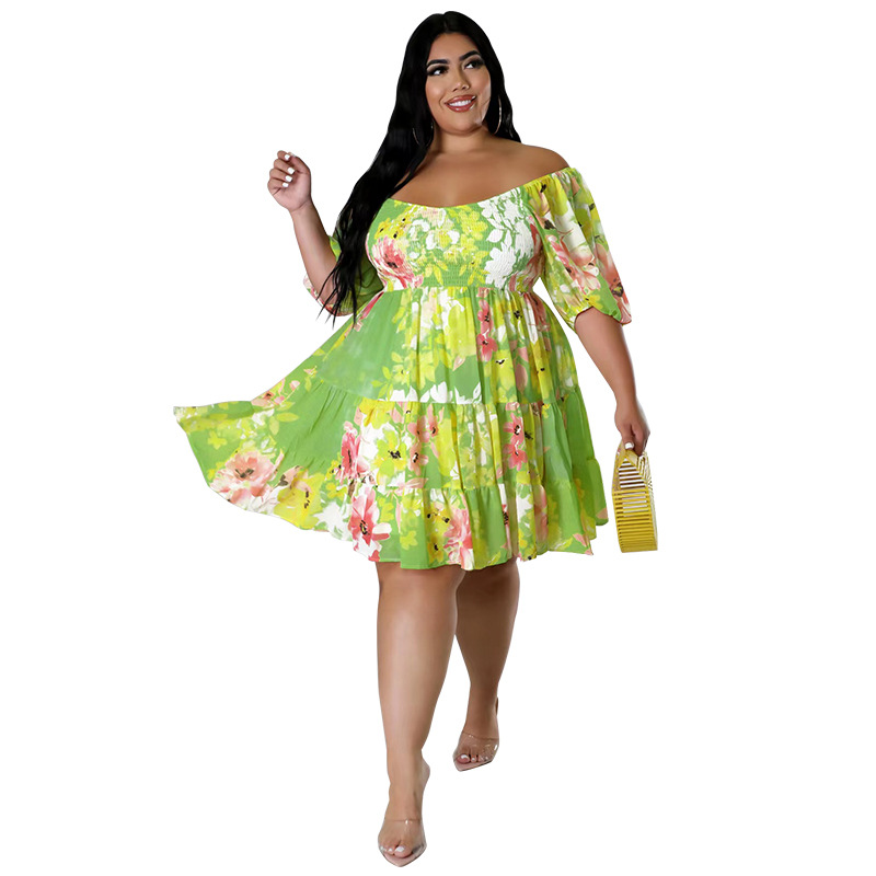 Plus Size Off Shoulder Floral Dress With Puff Sleeves, Flowy Swing Midi Dress For Women_ecoleips.com