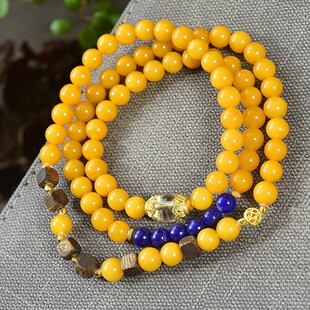 Natural Chicken Oil Yellow Old Beeswax Three-Circle Bracelet with Beeswax Small Fish Lift Size about 5.5 mm Multi-Circle Beeswax