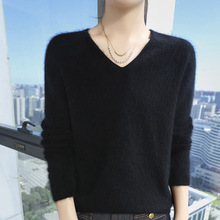 一线成衣貂绒衫秋冬新短款宽松女V领纯色内搭羊绒针织衫打底毛衣