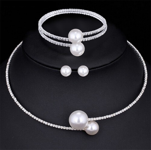 Japanese and Korean jewelry simple clavicle chain necklace earrings bracelet set full diamond size pearl open necklace women's