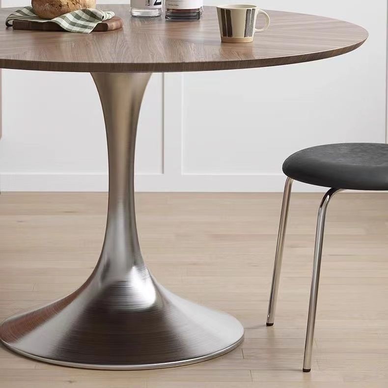 Medieval Style Black Walnut Parquet Round Dining Table and Chair Combination Small Apartment Italian Minimalist Cream Style Round Table