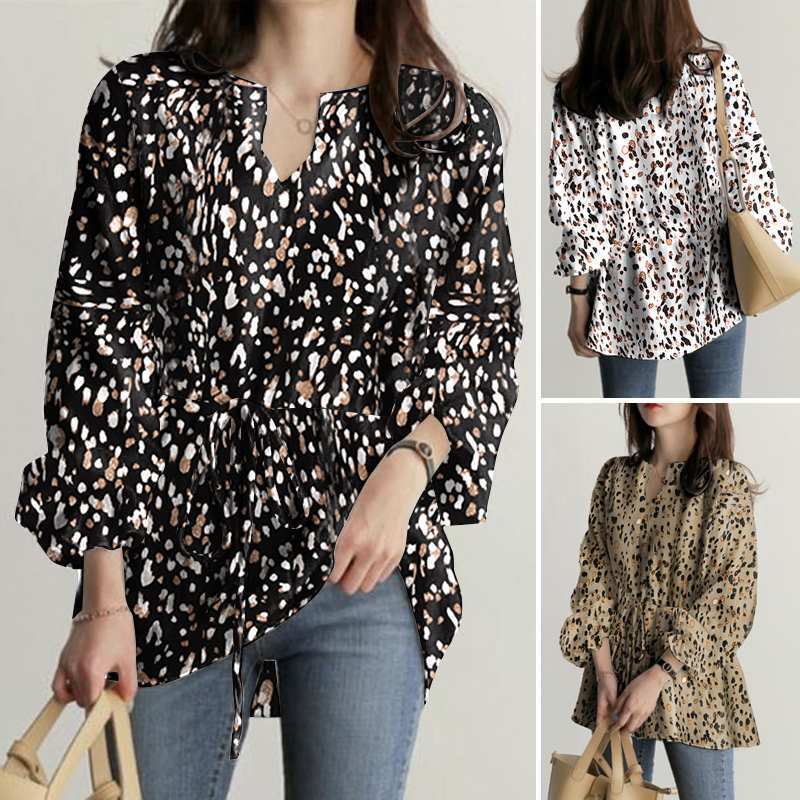 2026 European and American Loose Leopard Print Shirt Long-Sleeved Top Casual V-Neck Autumn Women's Full-Sleeve Shirt