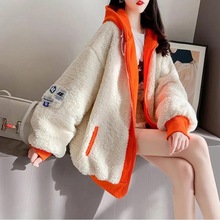 2025新款撞色拼接绒外套女秋冬百搭韩版宽松连帽卫衣女设计感小众