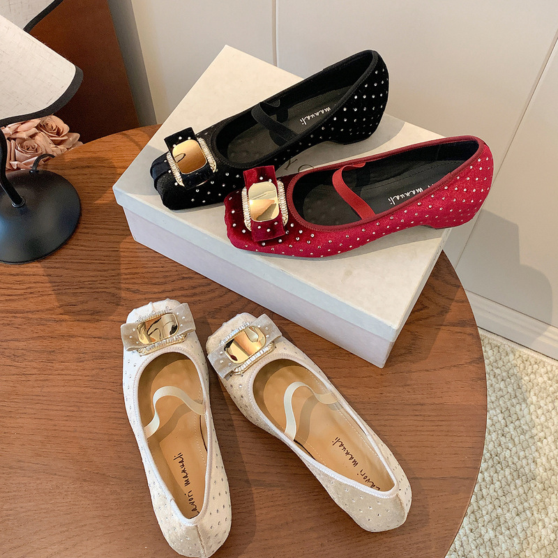 Velvet! French-Style Square-Toe Ballet Shoes, Versatile 5cm Hidden Heel, Designer Style, Elegant Fashion Flats with Chunky Heels