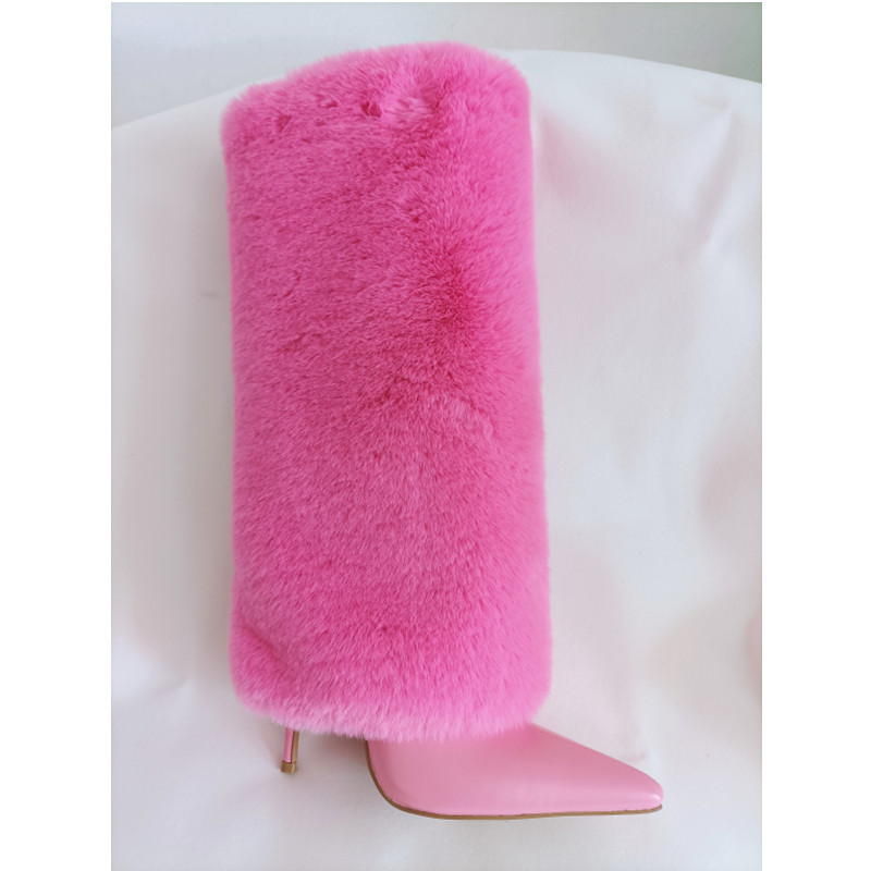 2024 winter foreign trade new pointed thin heel super high heel mink catwalk sleeve fur boots knee-high women's boots