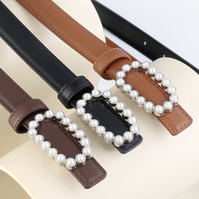 淘宝热卖小众头层牛皮真皮珍珠镶钻扣裤腰带女士皮带腰封现货批发