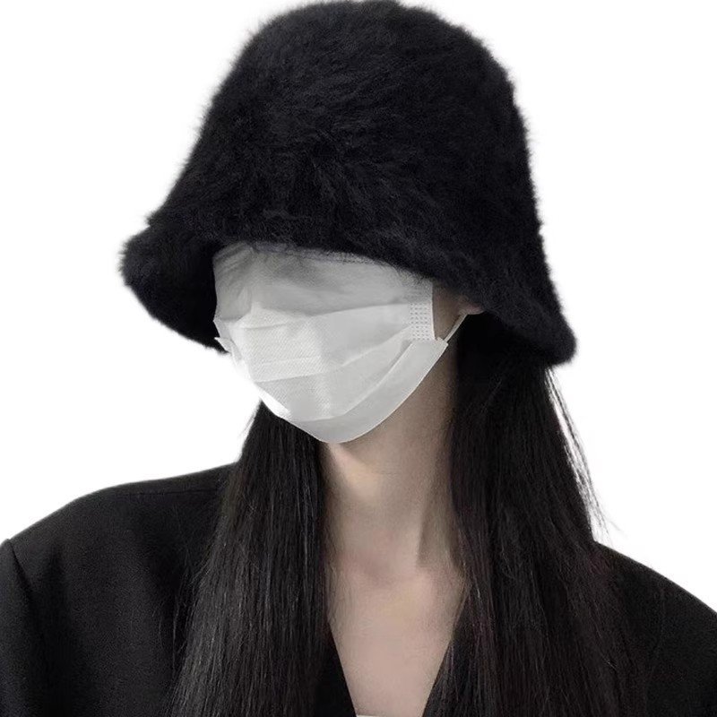 渔夫帽子女款秋冬季韩版百搭ins黑色兔毛绒水桶帽遮脸显脸小盆帽|undefined