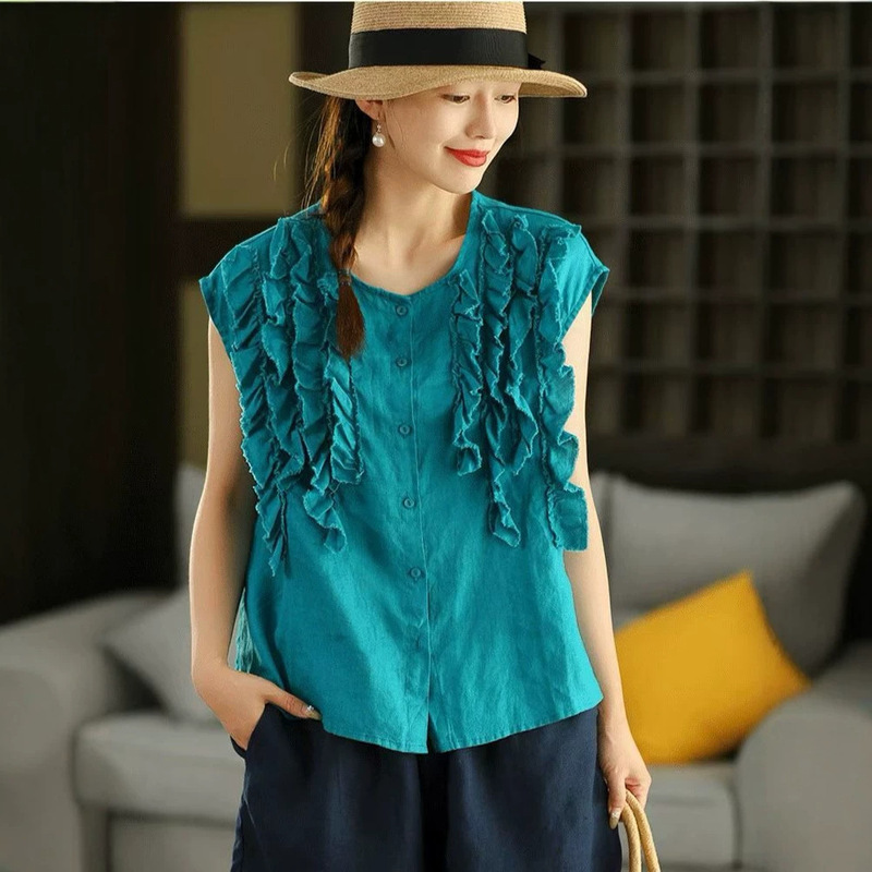 100% Linen Handmade Ruffled Lace Blouse for Women, Artistic Fashion Versatile Loose Slimming Solid Color Shirt for Women