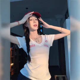 设计感猫咪刺绣V领短袖T恤女夏季小众修身显瘦正肩上衣跨境批发潮