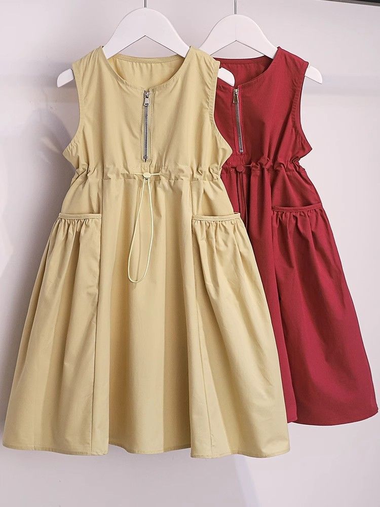 Girls' Summer Dress Versatile New Style with Large Pockets Casual Dress Children's Trendy Tank Dress