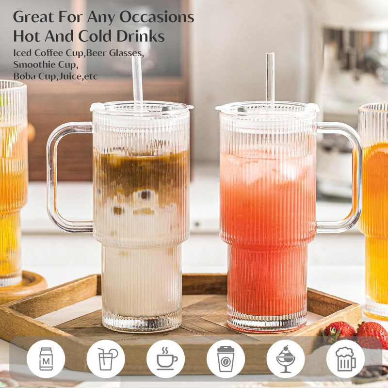 Amazon de gran capacidad con tazas de vidrio a rayas verticales de alto valor, tazas de bebidas heladas, tazas de café con latte, tazas de agua