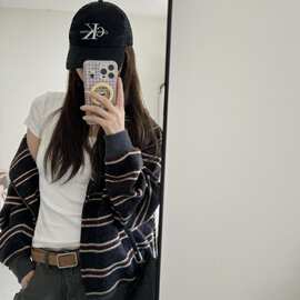 条纹长袖卫衣女撞色百搭慵懒风连帽显瘦外穿春秋宽松休闲上衣冬季