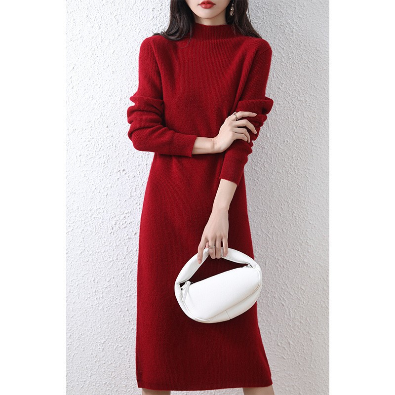 Falda larga de estilo elegante para ir al trabajo, otoño e invierno 2025, vestido de punto de color puro con cuello medio de punto, intelectual y suave. image 11