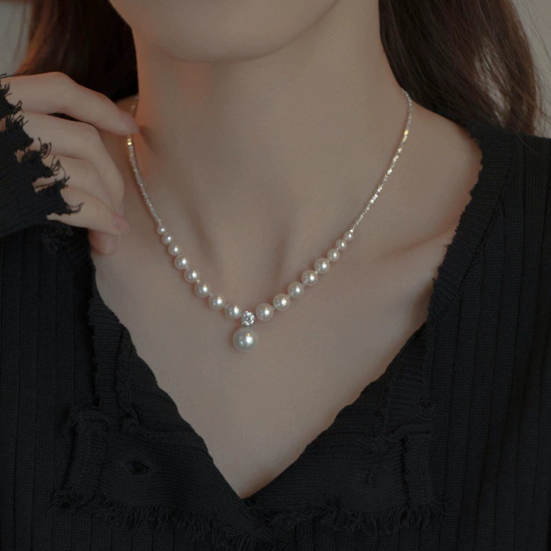 Fashionable organic necklace from pearl, chain for key bag , 925 sample silver, light luxury style, high-quality style