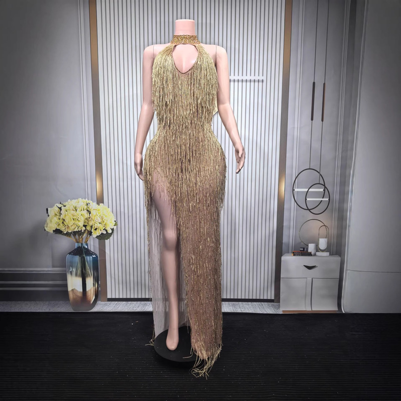 European and American Style Sparkling Tassel Long-Sleeve Performance Outfit Nightclub Gogo Performance Dress Long Slim Halter Neck Evening Gown European and American Style Sparkling Tassel Long-Sleeve Performance Outfit Nightclub Gogo Performance Dress Long Slim Halter Neck Evening Gown