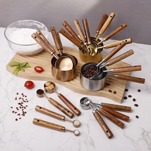 in stock wholesale acacia wood handle measuring cup measuring spoon 8 pieces suit coffee measuring spoon measuring cup baking tools