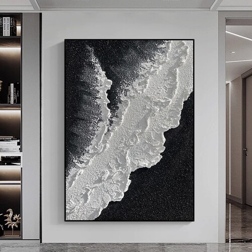 Black and white three-dimensional hand-painted oil painting modern minimalist living room decoration painting thick texture entrance decoration painting restaurant hanging painting