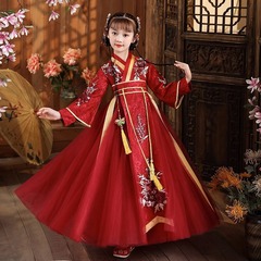 中秋漢服女童喜慶酒紅色兒童超仙唐裝襦裙小女孩中國風長袖漢服裙