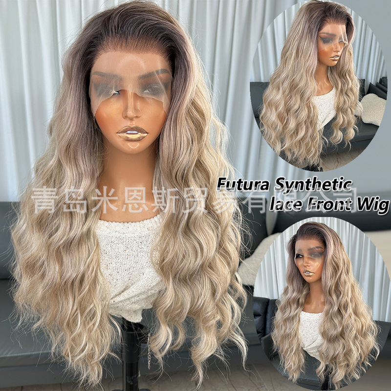 European and American Style Wigs, Mixed Color Deep Hair and Long Curly Hair, 13*4 Front Lace Synthetic Fiber Wig, Japanese Silk Synthetic Hair Wigs