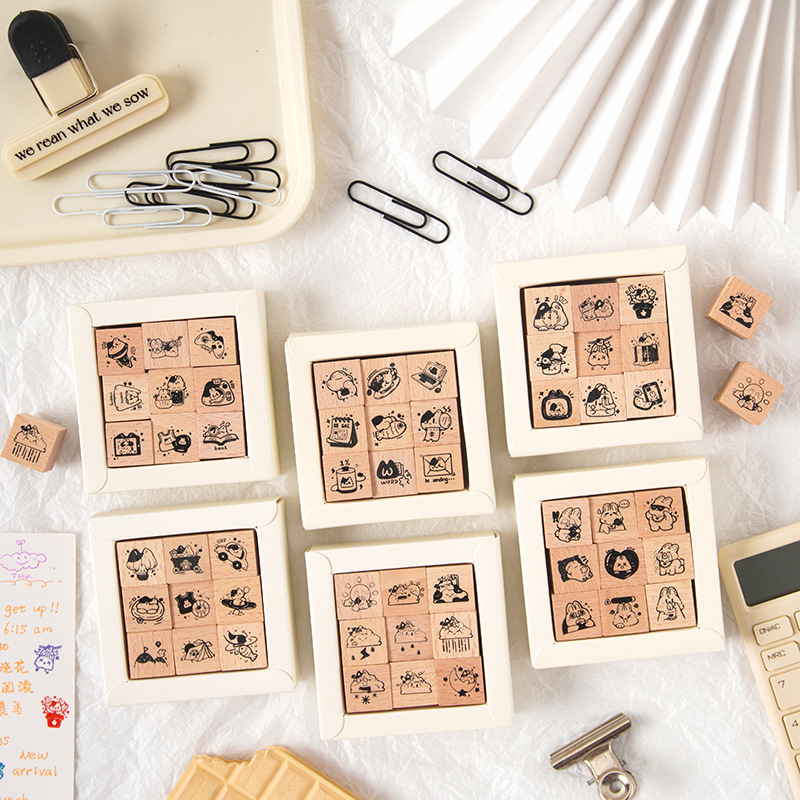 Registro de tiempo, juego de sellos de madera, bricolaje, impresión de diario de cuenta manual, dibujos animados transfronterizos, clima animal, sello de cuenta manual