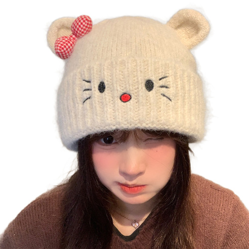 Cute Cat Knitted Wool Hat for Women, Autumn/Winter Warm and Cold-Proof, Versatile Large Circumference, Makes Face Look Smaller, Ear-Protecting, Capsular Hat