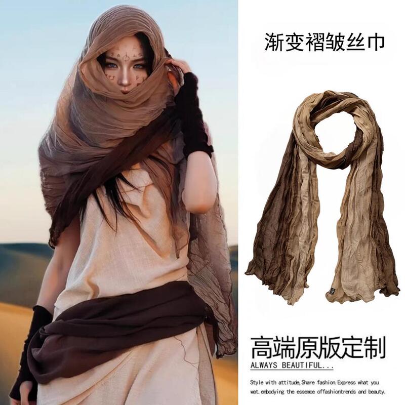 Wasteland Style Northwest Gansu Dunhuang Desert Travel Wear Thin Pleated Baotou Sun Protection Shawl Scarf Women's Gauze Scarf