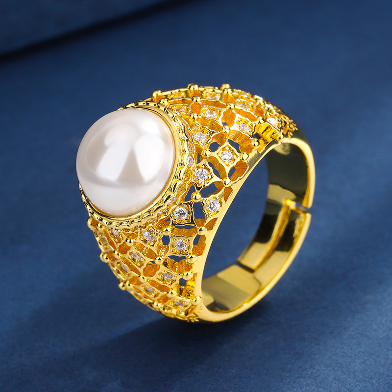 Zhuang Sheng joyas de cobre inferior chapado en oro con incrustaciones de perlas de Concha de Oro Blanco Perla Vintage anillo de diamante hueco 10mm