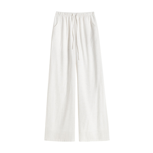 White cotton linen wide-leg pants for women, summer thin version, 2025 new style loose and lazy casual small figure linen straight-leg pants