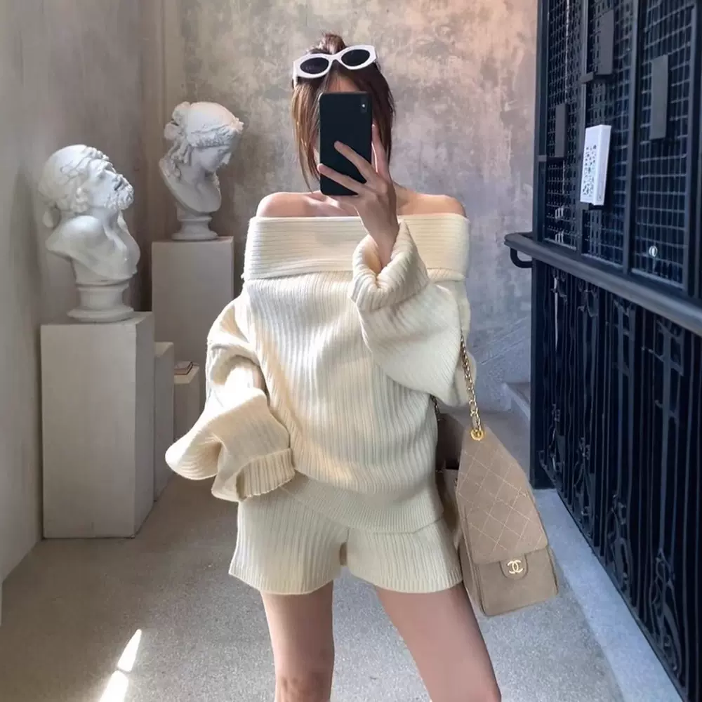 跨境新款韩版一字领针织衫短裤两件套宽松慵懒风气质露肩毛衣套装