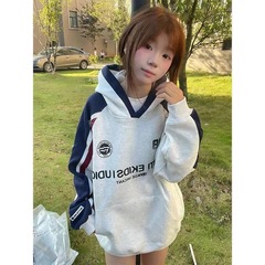国潮牌个性复古拼接撞色连帽卫衣秋冬新款小众学院风加绒情侣帽衫