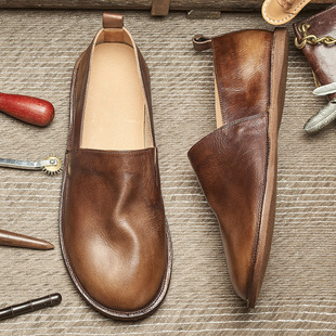Summer Fisherman Shoes Genuine Leather Men's Original Hand-stitched Loafers National Style Soft Sole Slip-on Lazy Shoes E25