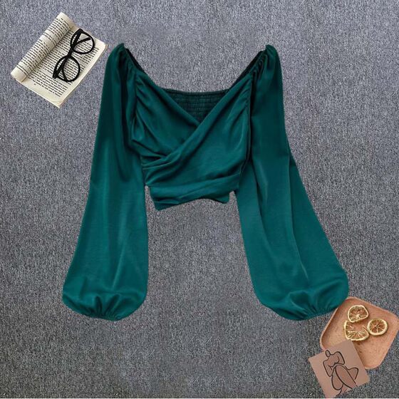 Spring Fashion V-neck Pleated Collarbone Bubble Long-sleeved Pullover Shirt Women's Stylish Chic Short Navel Shirt