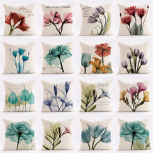 紫色郁金香图亚麻抱枕套汽车抱枕家居沙发靠垫靠枕亚马逊外贸热销