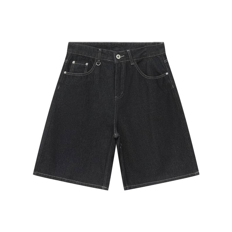 Quần short jean nam lửng ống rộng dáng suông phong cách retro, chất liệu denim thô — Denim đen, Xanh denim