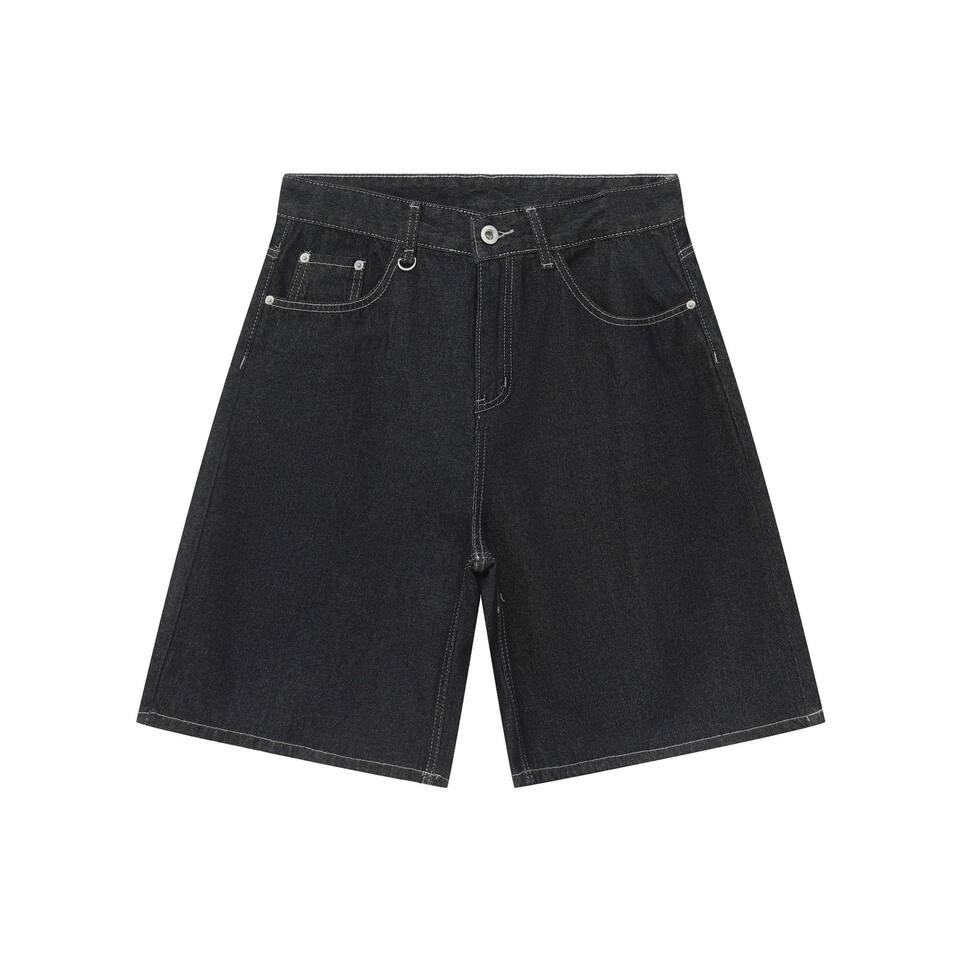 Quần short jean nam lửng ống rộng dáng suông phong cách retro, chất liệu denim thô — Denim đen, Xanh denim