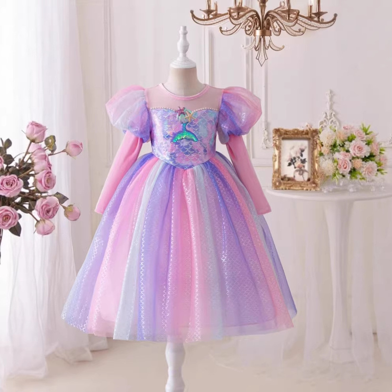 [Premium Selection] Mermaid Dress 2026 New Style Long Sleeve Stylish Gown Children's Princess Dress a Must-Have for Girls