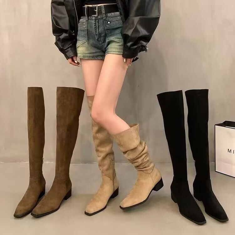 Chunky Heel Over-The-Knee Boots, Slim Long Tube Riding Boots for Women, 2025 Summer New Suede Khaki Slouchy Boots Chunky Heel Over-The-Knee Boots, Slim Long Tube Riding Boots for Women, 2025 Summer New Suede Khaki Slouchy Boots