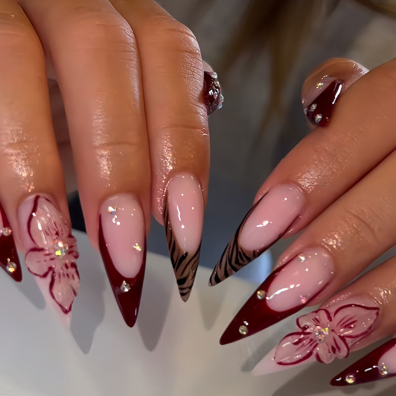 Cross-border hot sale 24 pieces of sweet wine red French 3D flowers small flash diamond almond shaped manufacturers finished products wholesale Cross-border hot sale 24 pieces of sweet wine red French 3D flowers small flash diamond almond shaped manufacturers finished products wholesale