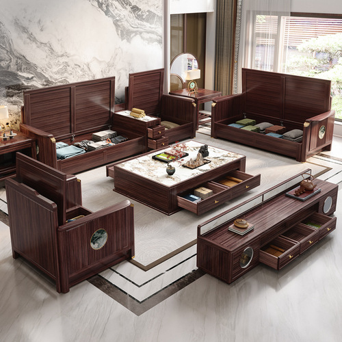 New Chinese style ebony solid wood sofa all solid wood living room combination large and small apartment sofa storage furniture