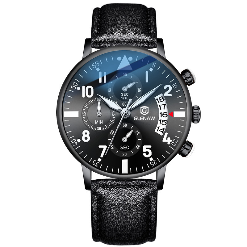 Đồng hồ nam quartz mặt tròn dây da chống nước — Vỏ đen mặt đen Thắt lưng đen, Vỏ đen mặt đen đai lưới đen, Thắt lưng đen mặt đen vỏ vàng, Vỏ vàng mặt đen đai lưới đen