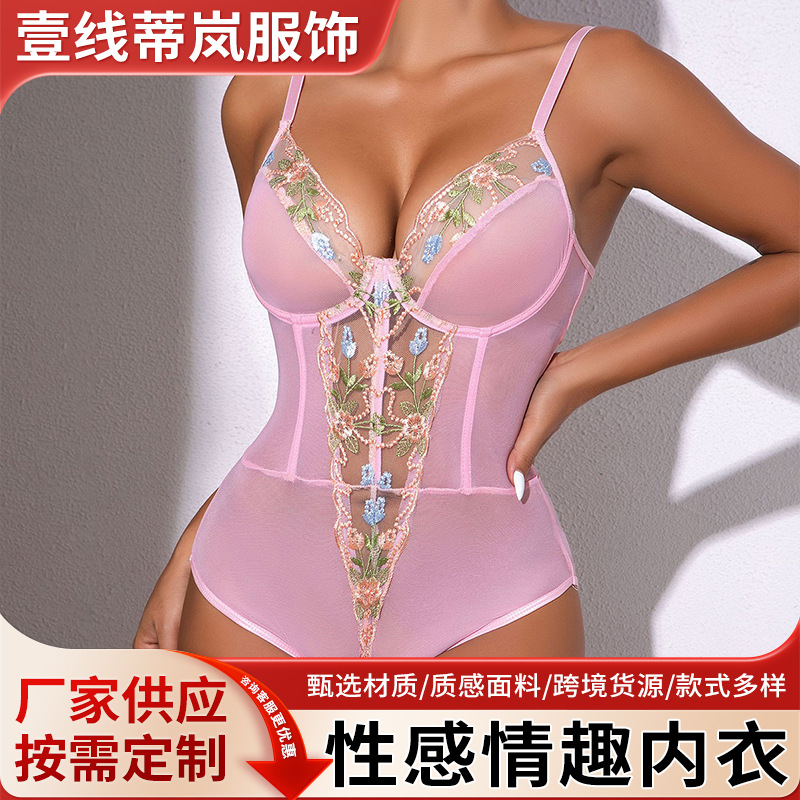 유럽과 미국의 새로운 섹시한 속옷, 섹시한 메쉬 자수 홈웨어, 오픈 스플릿, 탈착 불가능한 점프수트, 섹시한 도매