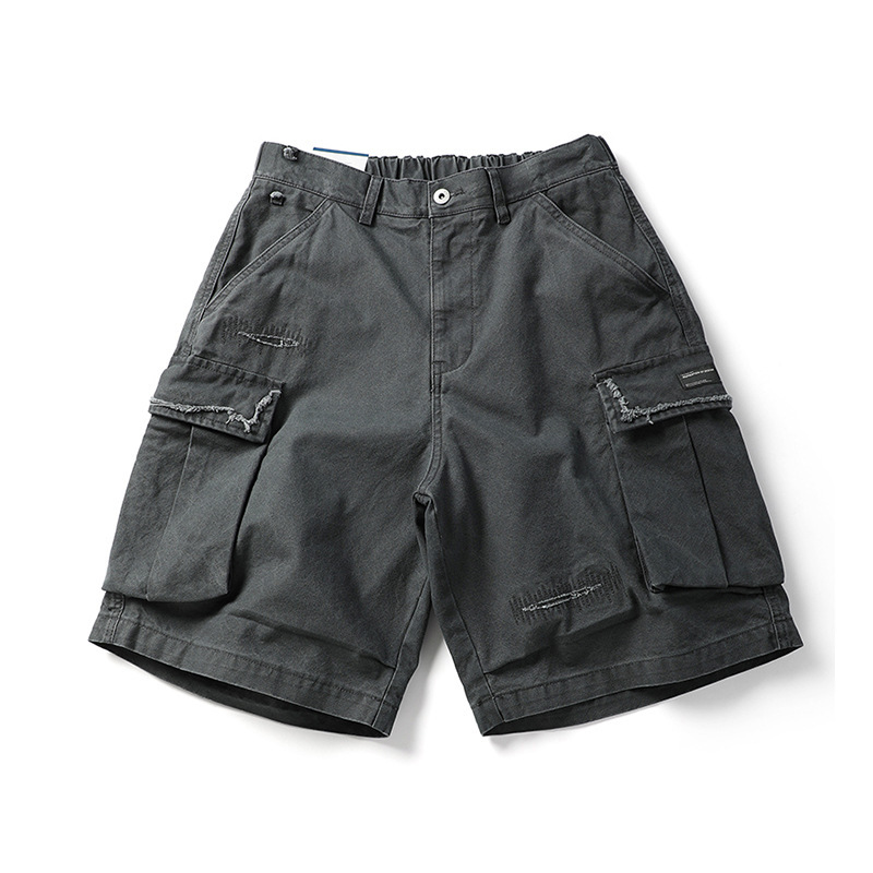 Summer Men's Tooling Shorts Vibe American Style High Street Tide Hole Patch Design Solid Color Loose Casual Pants