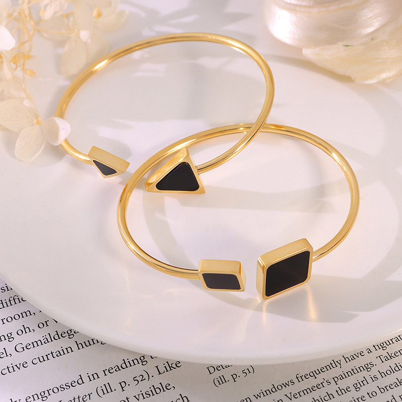 ins style ancient Greek black shell soft elastic line adjustable triangular square texture titanium steel bracelet Z197-8