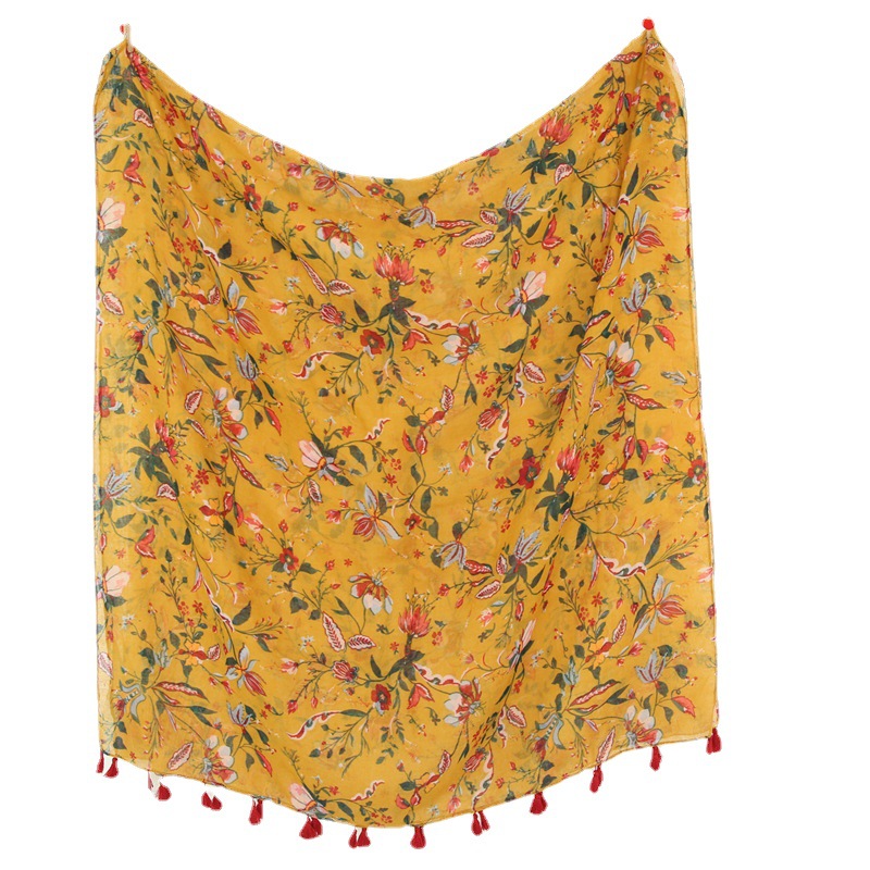 Verano nuevo playa viaje protector solar chal playa toalla vintage estilo étnico amarillo floral algodón y lino bufanda de seda