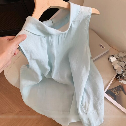 Light Blue Collar Korean Style Sleeveless Blouse Women's 2025 Summer Loose Fitting Slimming Korean Style Simple Style Backless Top