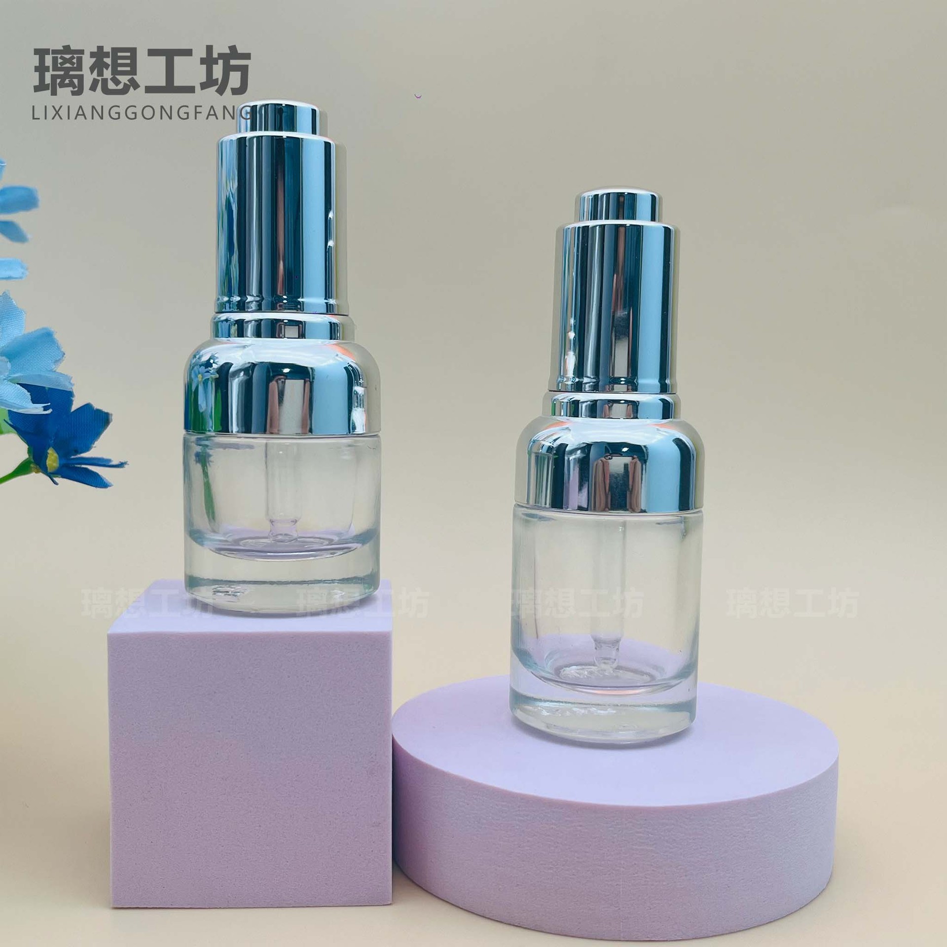 现货20ml 30ml 50ml肩套按压滴管瓶 透明精华液瓶 化妆品玻璃瓶
