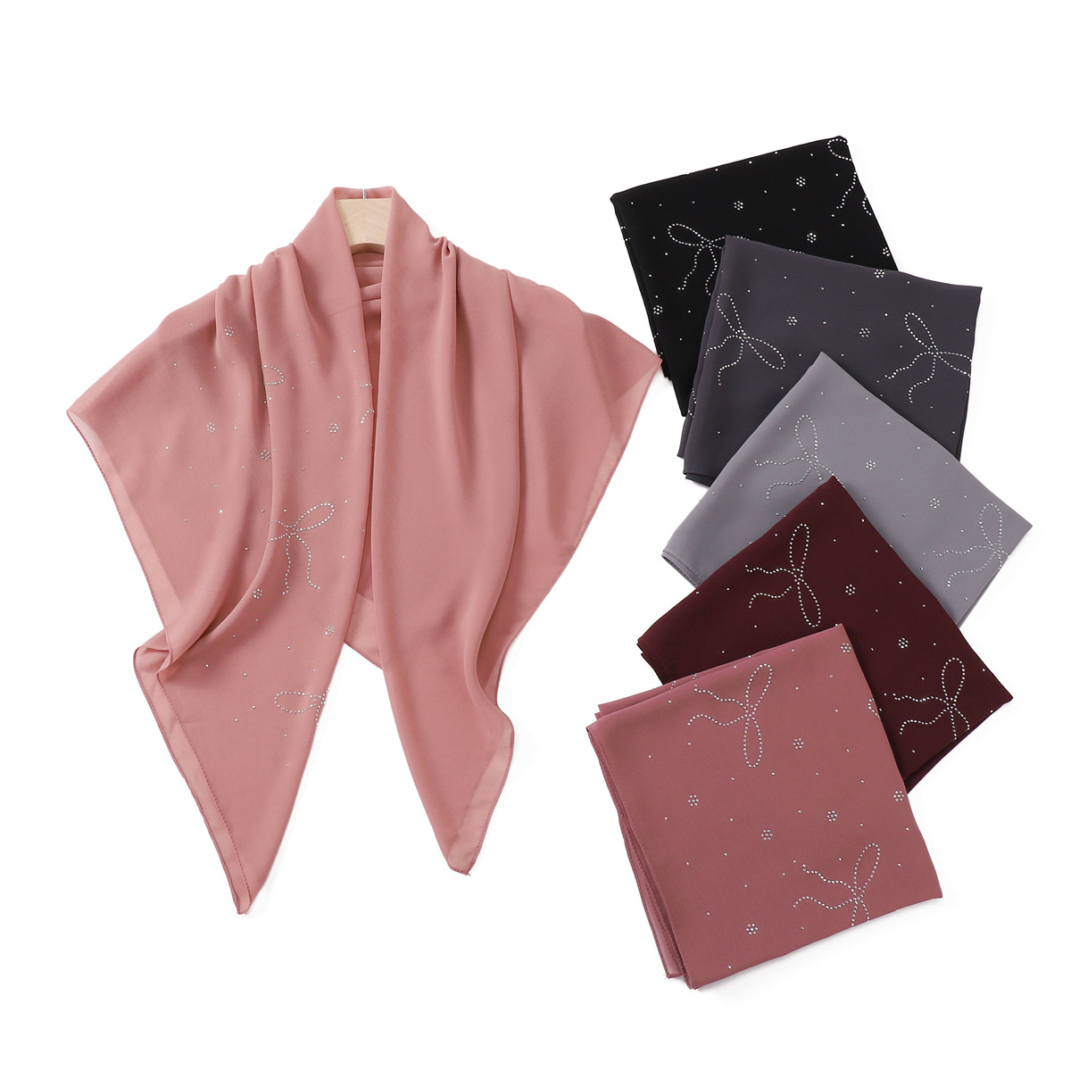 简约纯色蝴蝶结烫钻珍珠雪纺方巾透气包头巾纱巾外搭披肩围巾90CM