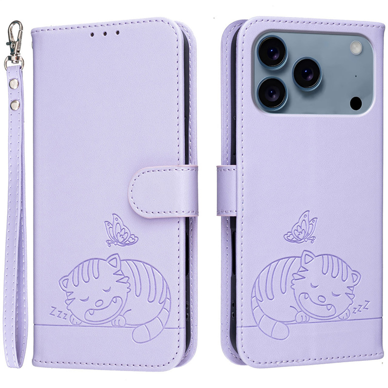 跨境适用iPhone17手机皮套三星S26纯色猫咪蝴蝶防盗刷保护套插卡