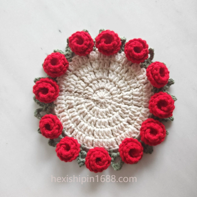 Finished handmade rose bouquet coaster yarn crochet cup into hand-held bouquet creative gift knitted flower coaster