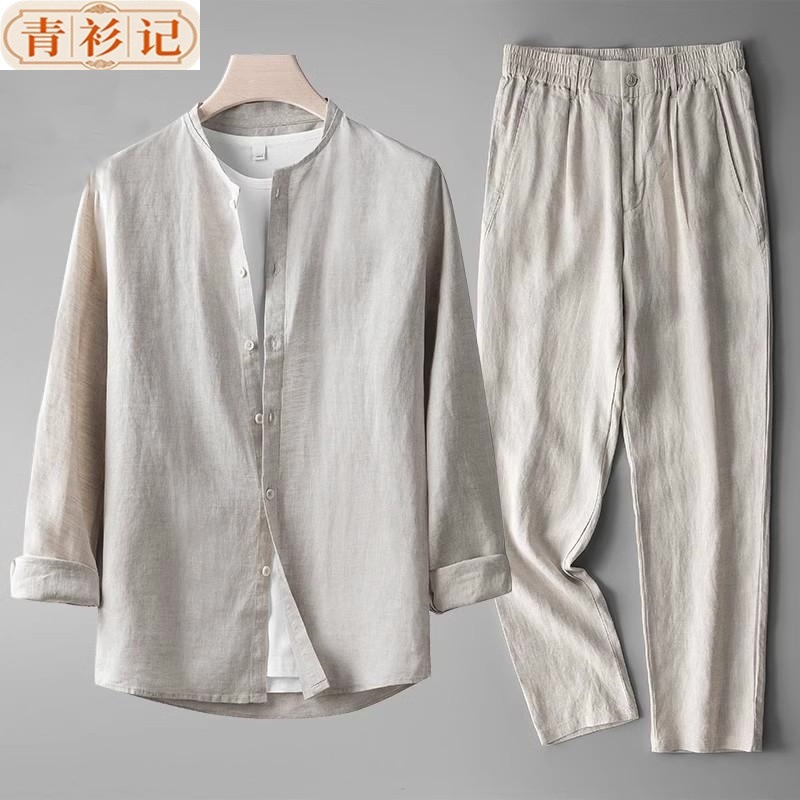 Nuevo conjunto de ropa de lino chino para hombres retro delgado de manga larga estilo chino algodón lino transpirable camisa casual de dos piezas